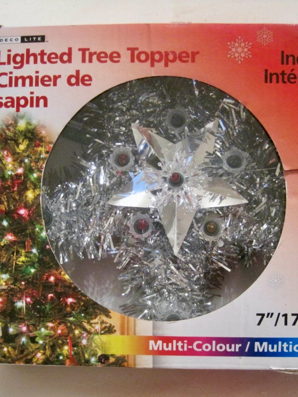 Vintage Christmas Silver Tinsel, Snow Flake & String Lighted, Star Tree Topper.